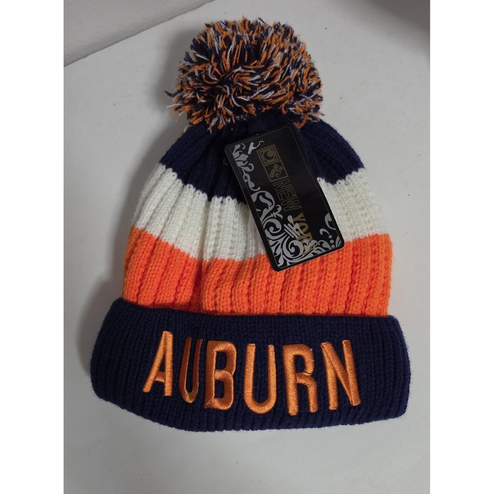 Auburn Winter Beanie Orange/Blue/White Cuffed Tassel Furry Plush Lined NCAA NWT